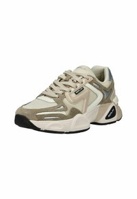 Beige und graue Sneaker aus Mesh- und Wildledermaterialien mit einem klobigen Design, runder Zehenpartie und Logoprägungen. Gummisohle für besseren Halt.