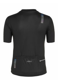 Maillot de cyclisme noir à manches courtes avec de petites rayures colorées dans le dos, trois poches arrière et une poche zippée en bas à droite.
