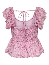 Haut smocké rose à motif floral avec manches courtes à volants, ourlet peplum, encolure carrée et fermeture à nouer dans le dos.