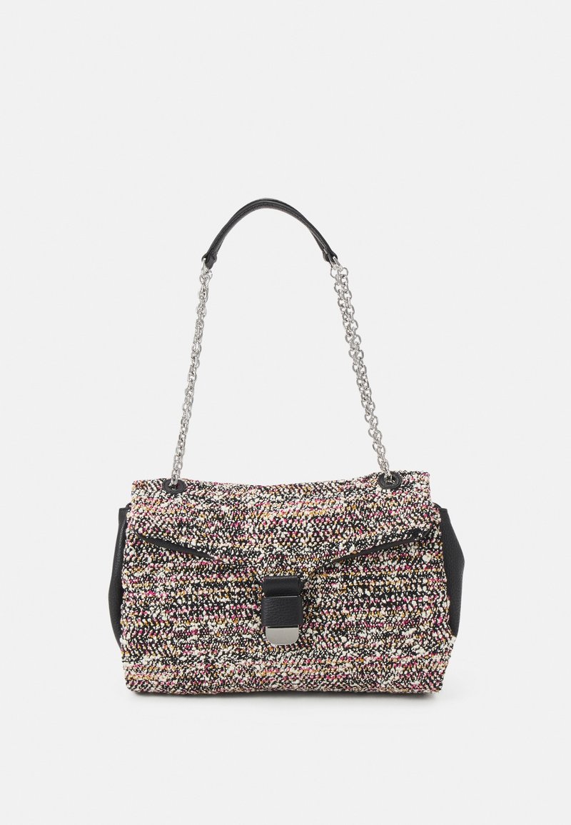 Petit sac à main en tissu avec motif tweed multicolore, fermoir en cuir noir et bandoulière chaîne argentée avec partie supérieure en cuir noir.