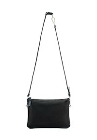 Sac à bandoulière noir texturé avec fermeture à glissière et sangle fine ajustable avec quincaillerie en ton argent.