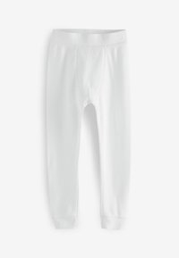 Witte katoenen leggings met een geribbelde textuur, voorzien van een strakke tailleband en fitted cuffs bij de enkels. Ontworpen voor comfort en bewegingsvrijheid.