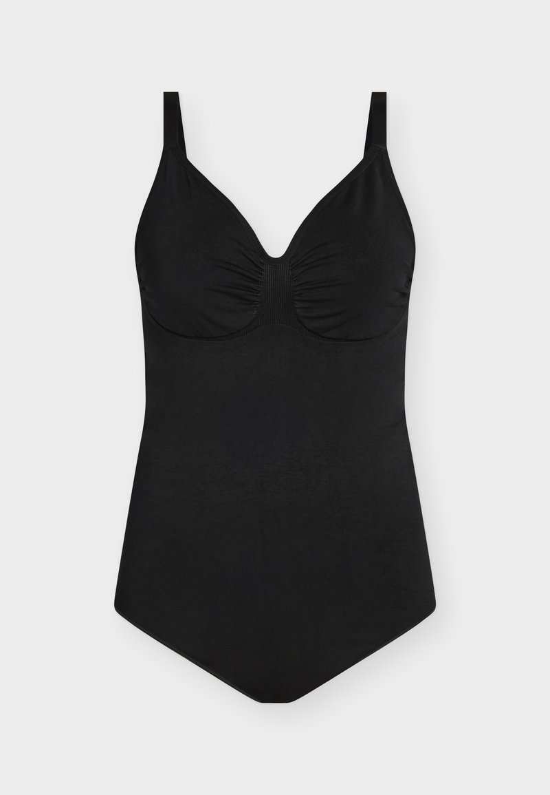 Costume intero nero con coppe imbottite, spalline regolabili e dettagli leggermente arricciati sul busto.