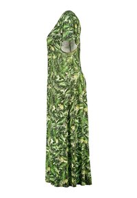 Groene maxi-jurk met een tropisch blad- en ananasprint, korte mouwen en een vloeiende pasvorm, gemaakt van lichtgewicht stof.