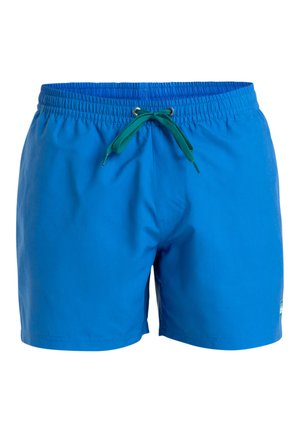 Modre kopalne hlače iz lahkotnega materiala. Imajo elastičen pas z zeleno vrvico in majhno logo oznako na strani.