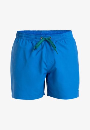 Modre kopalne hlače iz lahkotnega materiala. Imajo elastičen pas z zeleno vrvico in majhno logo oznako na strani.