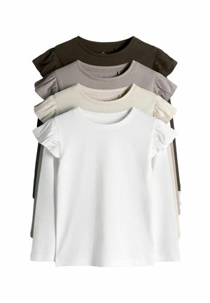 Four short-sleeve ruffle shoulder shirts stacked, colors from front to back: white, cream, taupe, and dark brown.