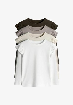 Četri īsroku krekli ar volāniem uz pleciem sakrauti kaudzē, krāsas no priekšpuses uz aizmuguri: balta, krēmkrāsa, pelēkbrūna un tumši brūna.