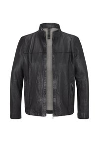 Schwarze Lederjacke mit Stehkragen, Frontreißverschluss und zwei seitlichen Reißverschlusstaschen. Verfügt über eine dezente Textur und ein glattes Innenfutter.