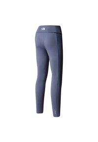 Høytlivede, figurnære leggings i mørkeblå med glatt tekstur og kontrasterende logo på midjebåndet, med minimale sømdetaljer.