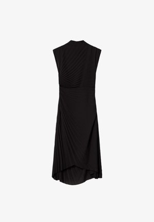 Zwart mouwloos jurkje met asymmetrische plooien die uit de taille stralen, ronde hals en een hoge-lage zoom.