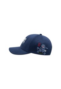 Mørkeblå baseballcaps laget av bomull, med brodert tegneseriefigur og tekst foran, med buet skjerm og justerbar klips.