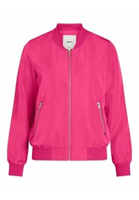 Bomber rosa in tessuto liscio, con zip frontale, polsini a coste, due tasche laterali con zip e vestibilità rilassata.