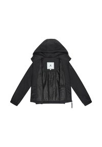 Black hooded jacket with a zip closure and ribbed cuffs, featuring a smooth interior lining and a pocket inside. Brand label visible.