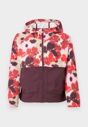 Hooded jacket with front zipper, floral red, pink, beige pattern on top and sleeves, solid dark maroon bottom half.