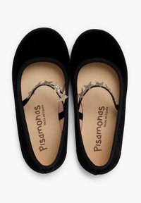 Black ballet flats with a soft velvet exterior, a round toe, and a strap featuring gold star accents. Interior labeled "Pisamonas Hecho en España."