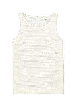 Witte mouwloze top van gestructureerde stof, met een ronde halslijn en een rits aan de achterkant. Eenvoudig ontwerp zonder patronen of versieringen.