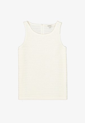 Witte mouwloze top van gestructureerde stof, met een ronde halslijn en een rits aan de achterkant. Eenvoudig ontwerp zonder patronen of versieringen.