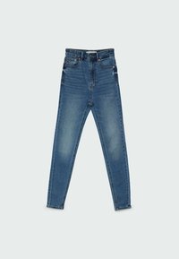 Jean skinny bleu taille haute avec poches avant, fermeture par bouton et zip, et détails subtils délavés sur les cuisses et les genoux.