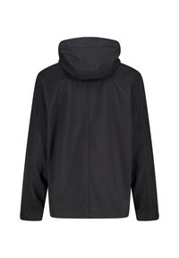Black softshell jacket featuring a hood, straight cut, and smooth texture, with visible seam detailing on the back.