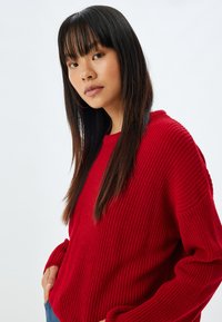 Roter gestrickter Pullover mit einem strukturierten Muster, langen Ärmeln und einer lockeren Passform. Das Model posiert mit den Händen in den Taschen und präsentiert das Design.