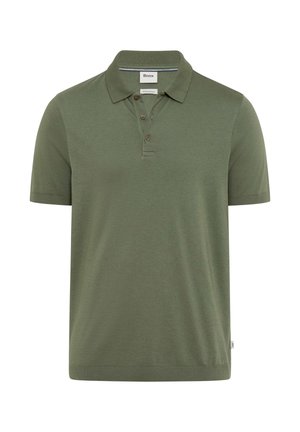 Grøn poloshirt med korte ærmer, krave og tre brune knapper foran på klappen.