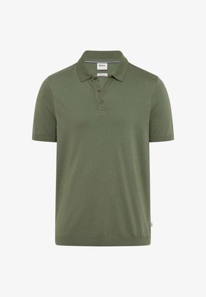 Grøn poloshirt med korte ærmer, krave og tre brune knapper foran på klappen.