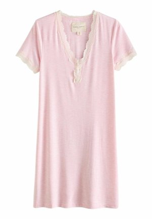 Pink short-sleeve nightgown with a V-neck and lace trim on the neckline and sleeves. Soft fabric with a casual fit.