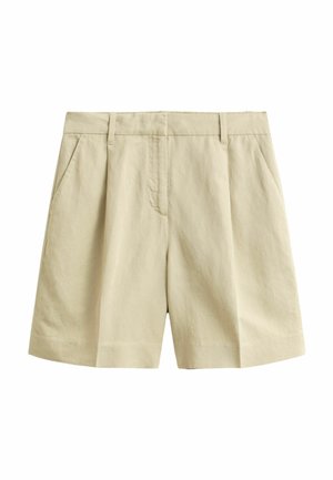 Short beige jusqu'au genou avec plis avant, poches latérales, passants de ceinture et une fermeture avant dissimulée, présenté sur un fond blanc.