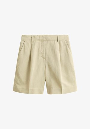Short beige jusqu'au genou avec plis avant, poches latérales, passants de ceinture et une fermeture avant dissimulée, présenté sur un fond blanc.