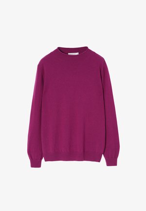 Fuksjowy sweter z okrągłym dekoltem wykonany z miękkiej dzianiny, z długimi rękawami oraz ściągaczami przy mankietach i dolnej krawędzi. Prosty, jednokolorowy wzór.