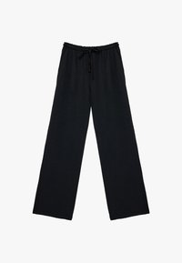 Sorte bukser med bred benlængde, der har en drawstring talje, lavet af et blødt materiale, med en afslappet pasform og ingen karakteristiske mønstre eller accenter.