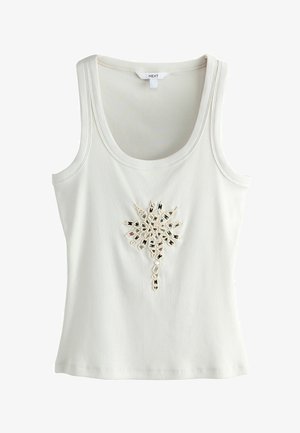 Biały prążkowany top bez rękawów z okrągłym dekoltem i centralnym haftowanym, wyszywanym koralikami wzorem kwiatowym.