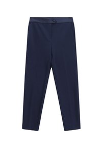 Pantaloni blu navy in tessuto liscio e leggero, con vita aderente, chiusura con un solo bottone e tasche laterali. Vestibilità su misura e lunghezza cropped.
