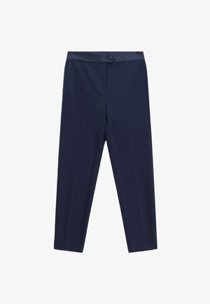 Pantaloni blu navy in tessuto liscio e leggero, con vita aderente, chiusura con un solo bottone e tasche laterali. Vestibilità su misura e lunghezza cropped.