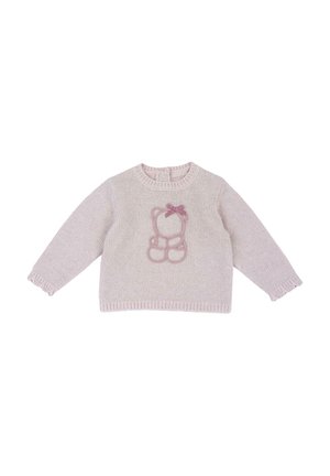 Pull bébé tricoté à manches longues rose clair avec un contour d'ours en peluche et un petit nœud sur la poitrine.