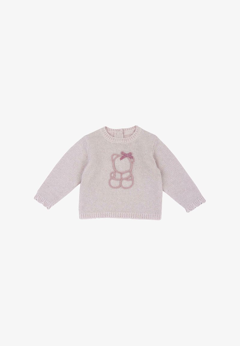 Pull bébé tricoté à manches longues rose clair avec un contour d'ours en peluche et un petit nœud sur la poitrine.