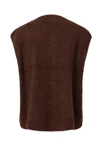 Chaleco de forro polar marrón texturizado mostrado desde atrás con un cuello alto y diseño sin mangas.