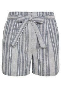 Pantaloni corti in lino con vita con cintura, strisce verticali blu e bianche e tasche laterali; tessuto leggero e vestibilità casual.