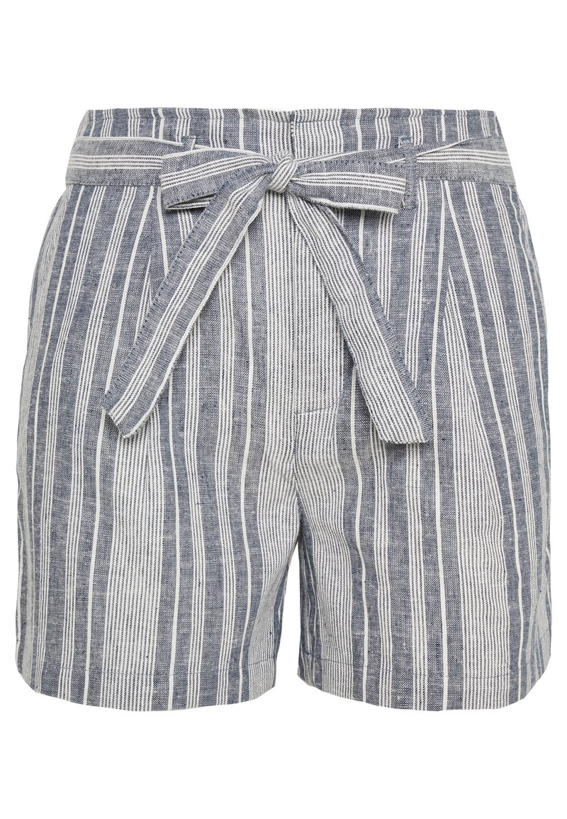 Pantaloni corti in lino con vita con cintura, strisce verticali blu e bianche e tasche laterali; tessuto leggero e vestibilità casual.