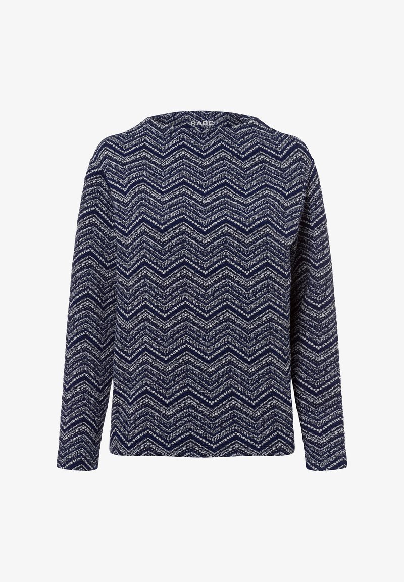 Marineblauer Pullover mit einem Zickzackmuster in Weiß und Hellblau. Verfügt über lange Ärmel und einen runden Ausschnitt. Strukturiertes Strickgewebe.