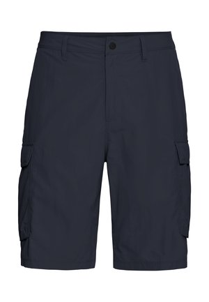 Shorts cargo bleu marine en tissu léger, dotés de multiples poches latérales, d'une fermeture par bouton et d'une coupe droite.