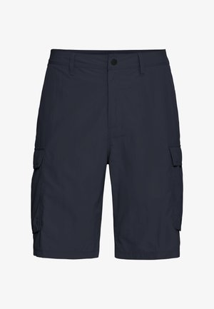 Shorts cargo bleu marine en tissu léger, dotés de multiples poches latérales, d'une fermeture par bouton et d'une coupe droite.