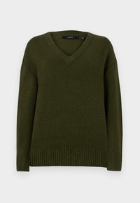 Olivenfarget genser med V-halsdesign, laget av mykt stoff. Har ribbede mansjetter og kant for en tettsittende finish.