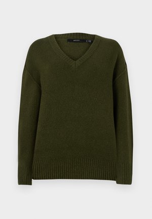 Zielonooliwkowy sweter z dekoltem w serek, wykonany z miękkiego materiału. Posiada ściągacze przy mankietach i na dole, co zapewnia dopasowane wykończenie.