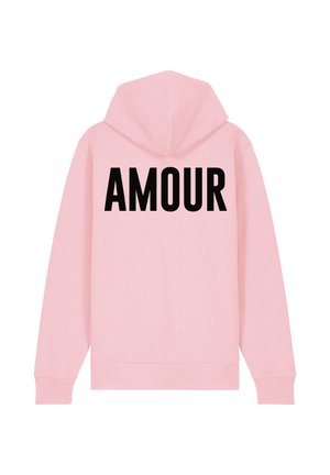 Rosa Kapuzenpulli mit einer Fronttasche und schwarzem "AMOUR"-Text auf dem Rücken. Hergestellt aus weichem Stoff mit Kordelzugkapuze und gerippten Bündchen.
