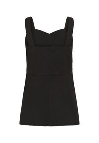Haut sans manches noir avec des bretelles larges, décolleté en cœur et un ourlet légèrement festonné sur fond blanc.