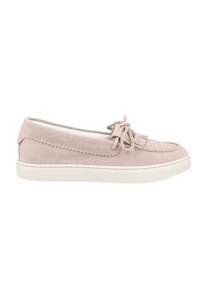 Light pink suede loafer with white rubber sole, decorative tassels, and stitched detailing along the sides and top.