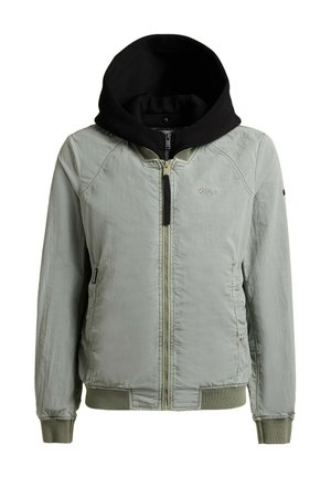 Light gray zip-up jacket with green ribbed cuffs and waistband, black attached hood, and front pockets.