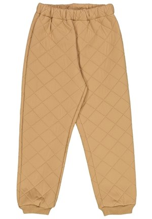 Beige quilted pants with elastic waistband and ribbed cuffs, designed for comfort and warmth.